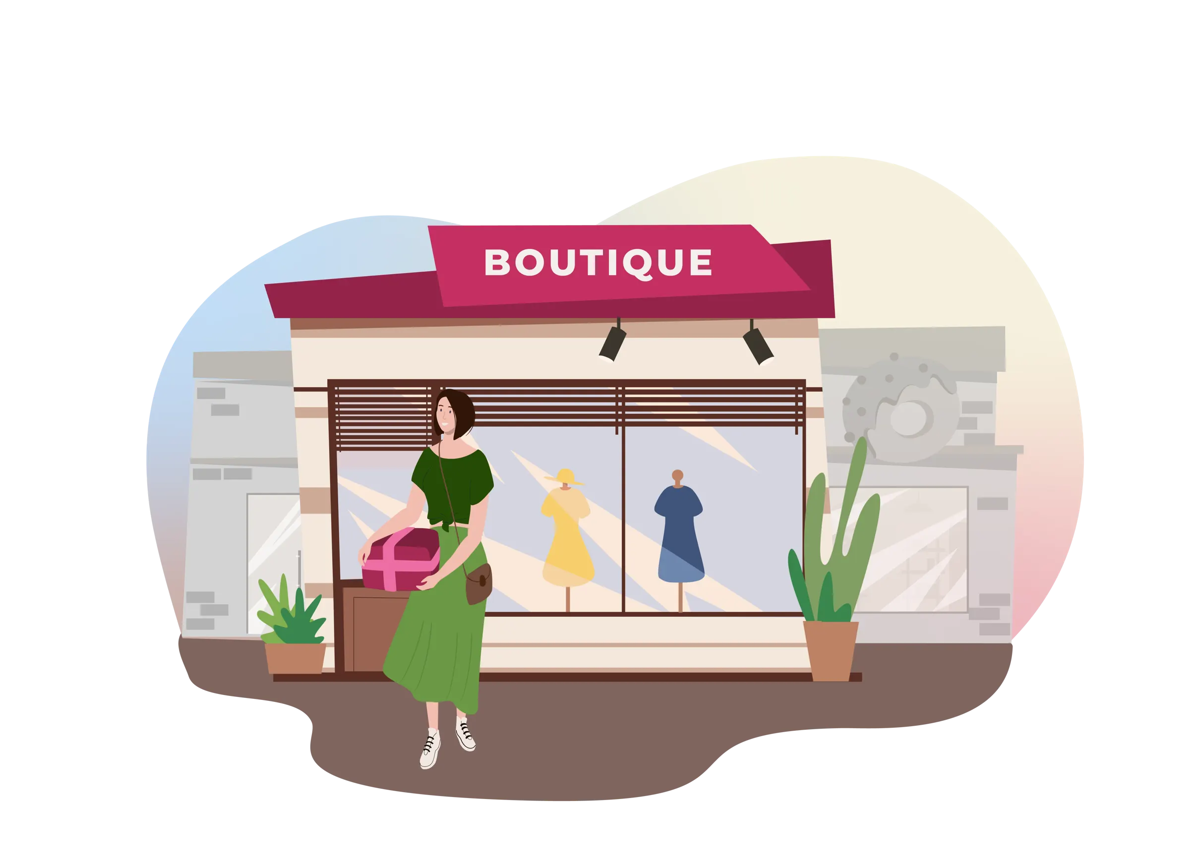 Ilustración de tiendas y boutiques con familias comprando