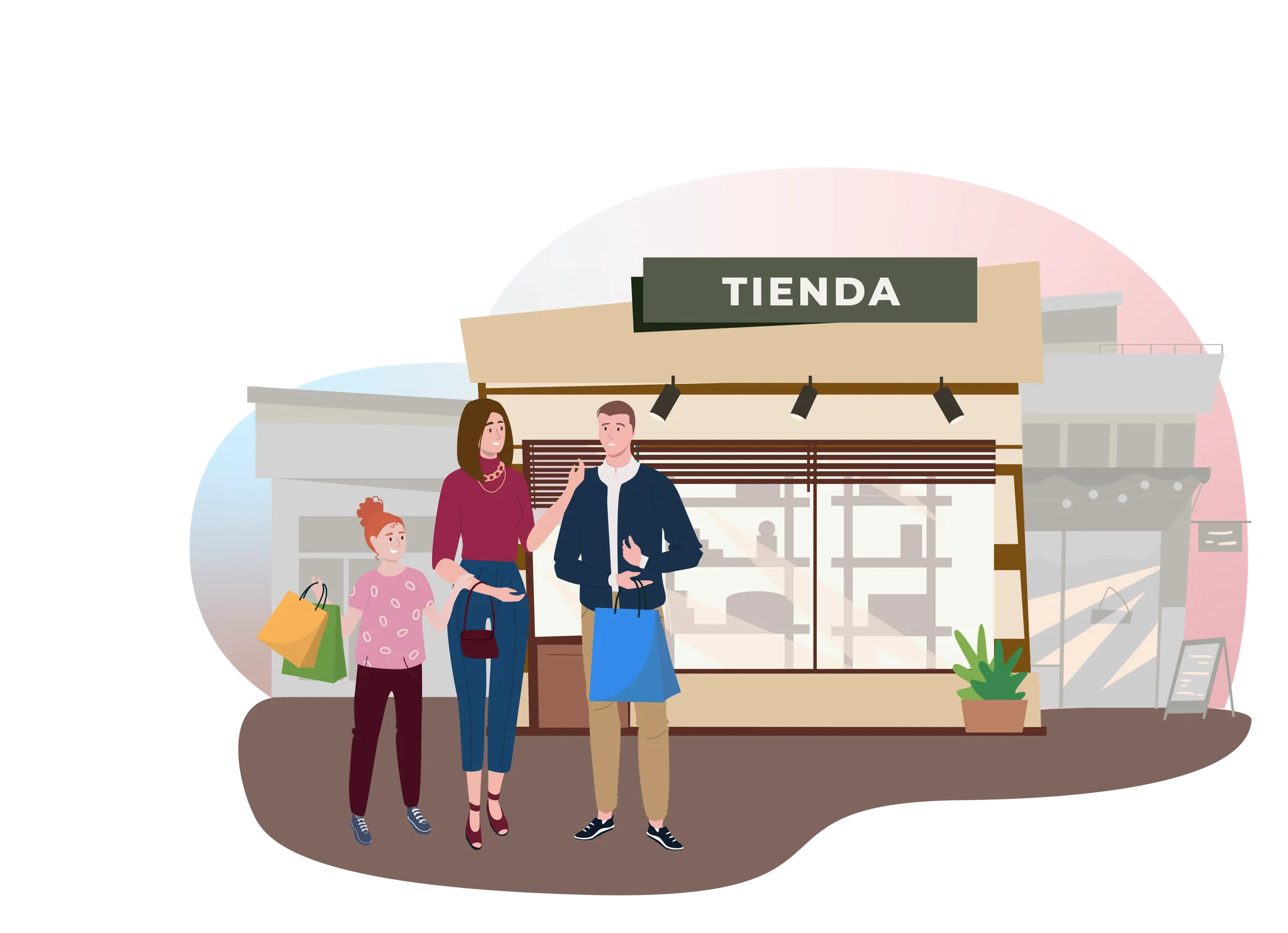Familia comprando frente a comercios del barrio