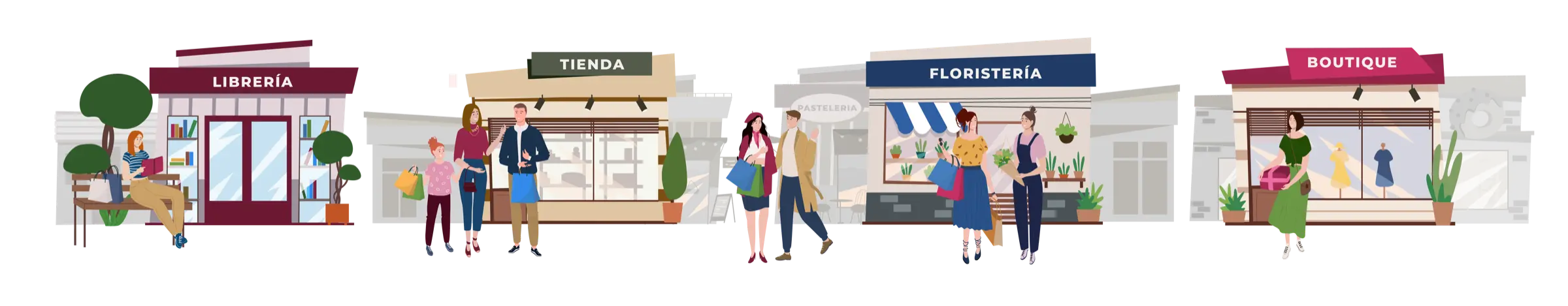 Ilustración panorámica de librería, tienda, floristería y boutique en la avenida