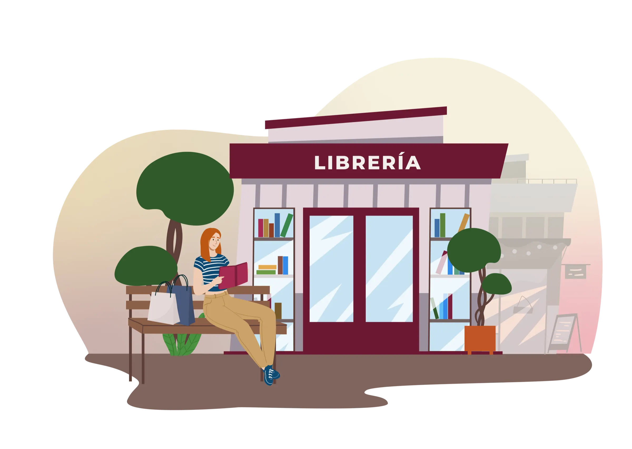 Ilustración de una librería con una lectora en el banco
