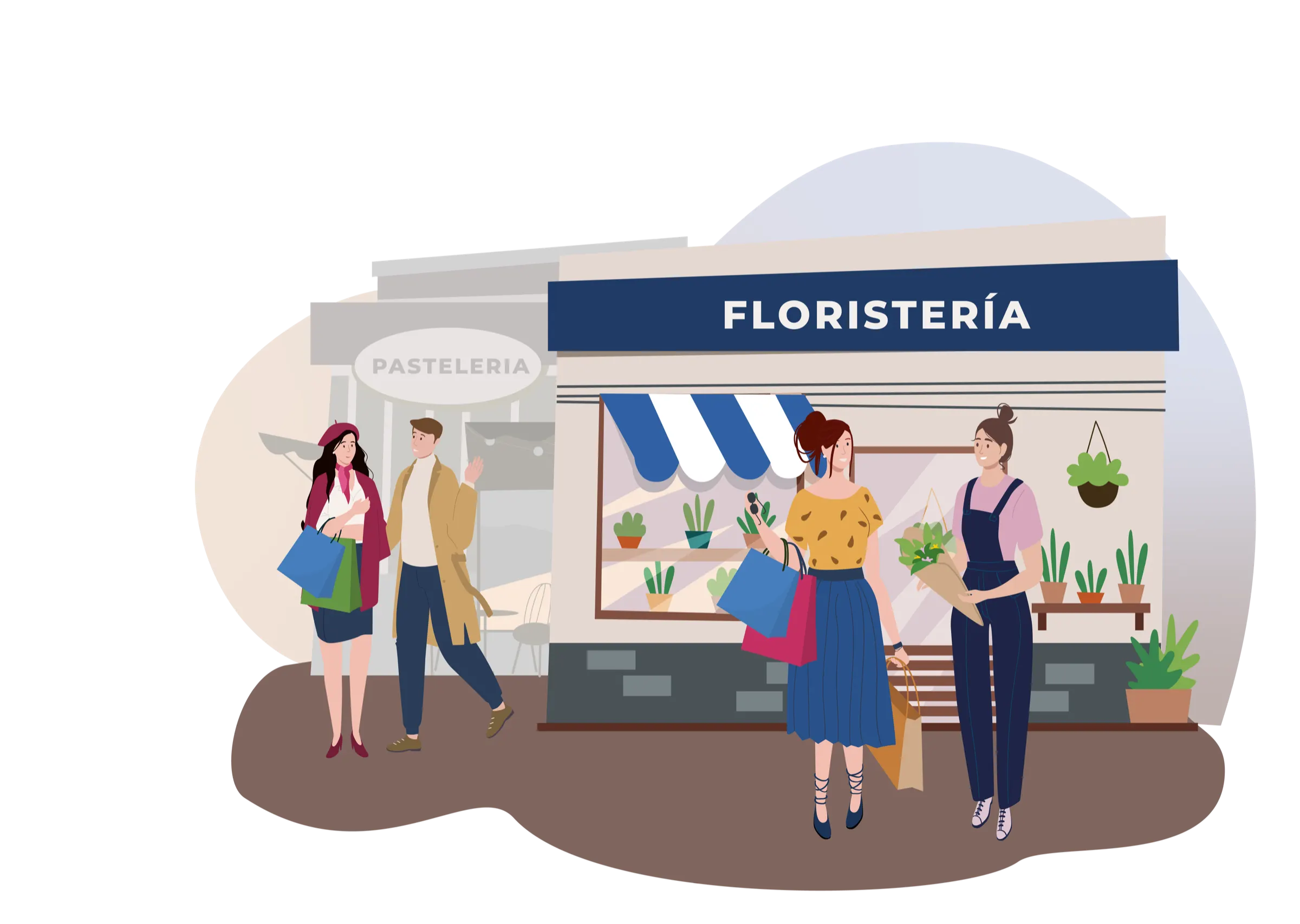 Ilustración de una floristería y comercios locales con vecinos comprando