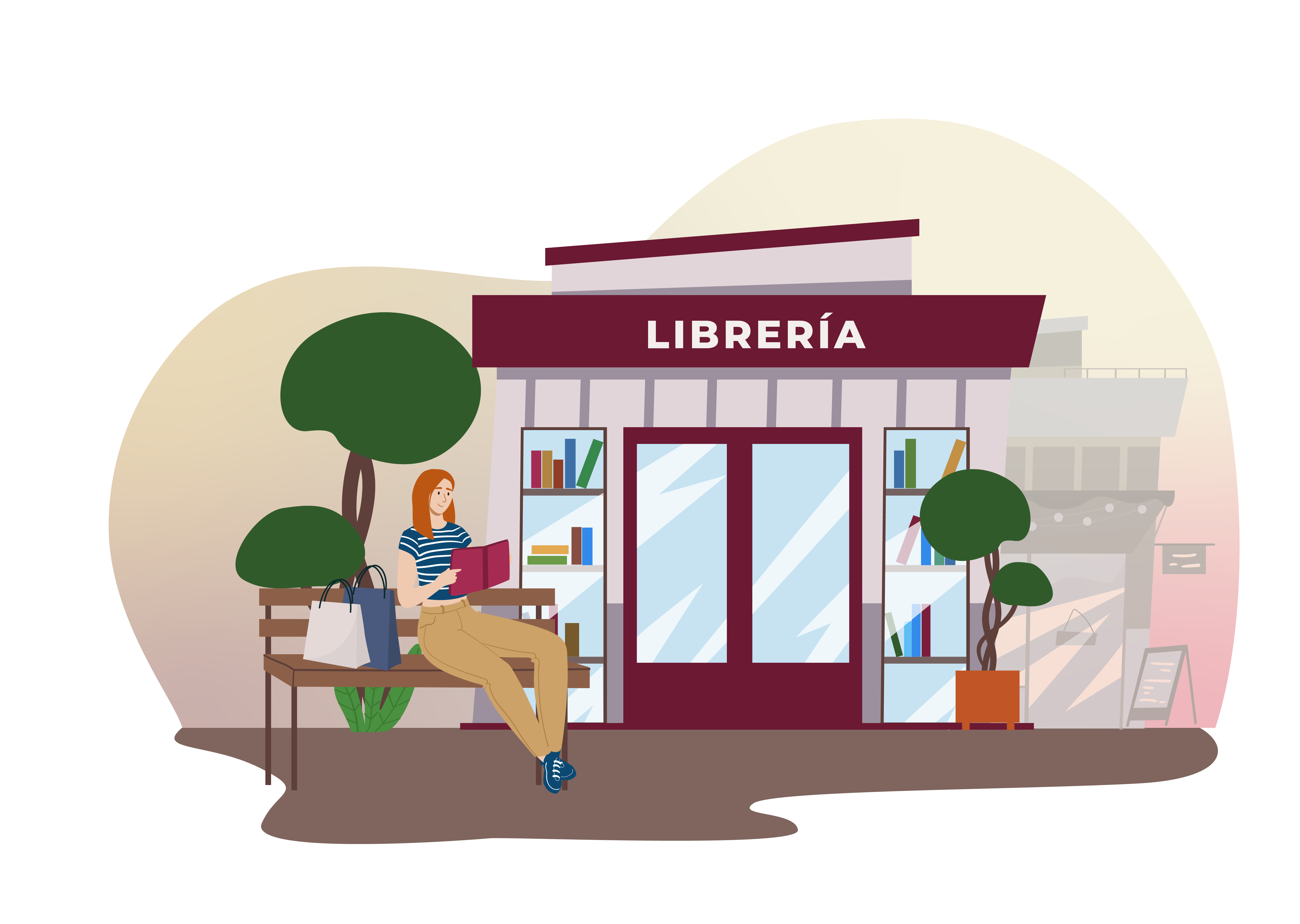Ilustración de una librería con una lectora en el banco