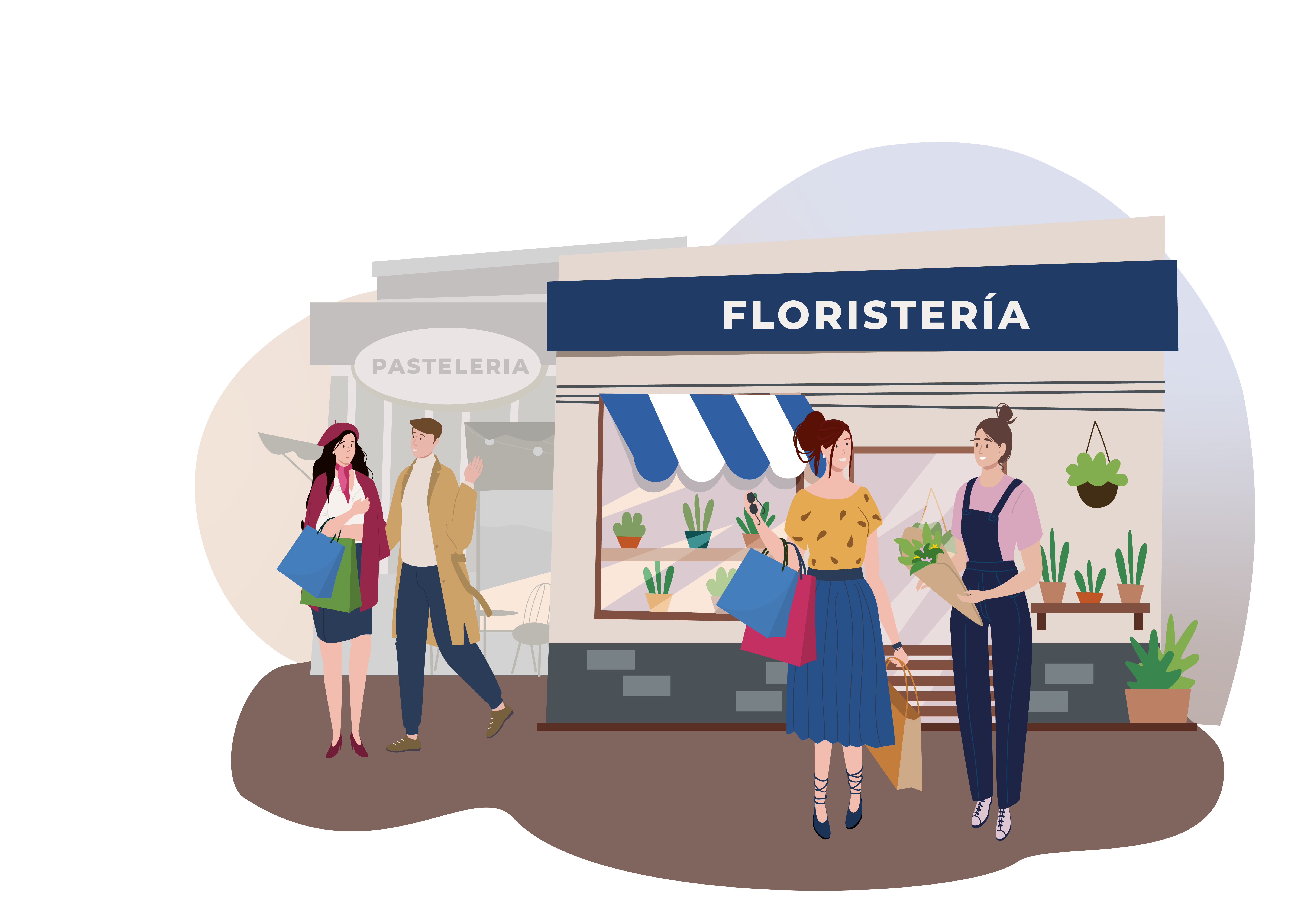 Ilustración de una floristería y comercios locales con vecinos comprando